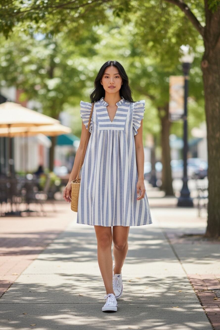 Umgee Dress Medium Blue White Stripe Ruffle Flutter Sleeve V Neck Coastal Summer